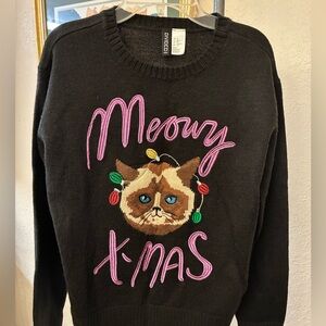 Divided Black 'Meowy X-Mas” Cat Holiday Sweater